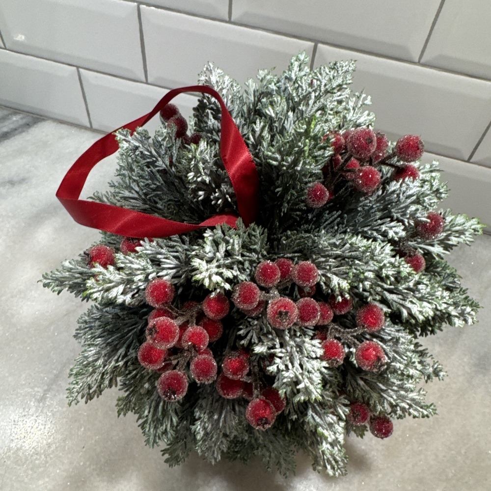 Martha Stewart HANGING TOPIARY KISSING PLANT BALL Winter Fern PIP Berries 8" NEW